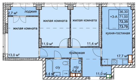 Продажа 3-комнатной квартиры 72,3 м², 12/15 этаж