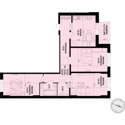 Продажа 3-комнатной квартиры 78 м², 3/19 этаж