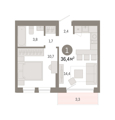 Продажа 1-комнатной квартиры 36,4 м², 3/9 этаж