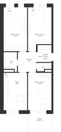 81,4 м², 3-комн. квартира, 3/4 этаж