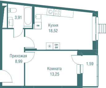 Продажа 1-комнатной квартиры 46,3 м², 9/23 этаж
