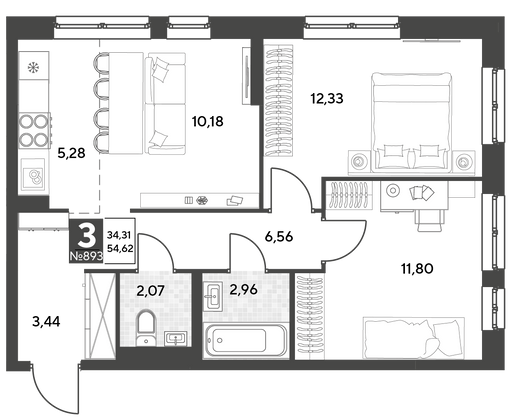 Продажа 3-комнатной квартиры 54,6 м², 24/25 этаж