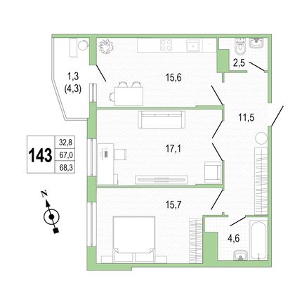 Продажа 2-комнатной квартиры 68,2 м², 5/8 этаж