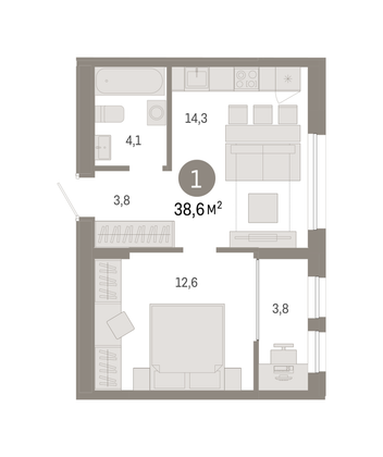 Продажа 1-комнатной квартиры 38,6 м², 8/9 этаж