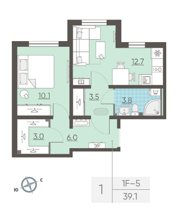 Продажа 1-комнатной квартиры 39,1 м², 1/23 этаж