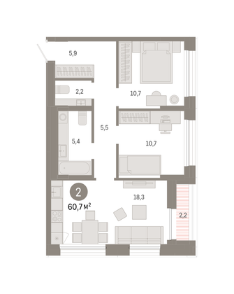 Продажа 2-комнатной квартиры 60,7 м², 3/9 этаж