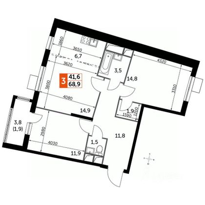 Продажа 3-комнатной квартиры 69,1 м², 3/16 этаж
