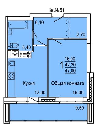 47 м², 1-комн. квартира, 9/9 этаж