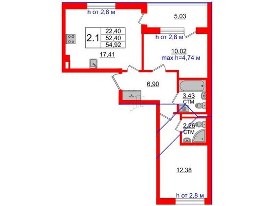 Продажа 2-комнатной квартиры 52,4 м², 4/4 этаж