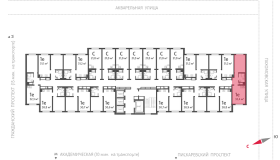 32,4 м², 1-комн. квартира, 24/25 этаж