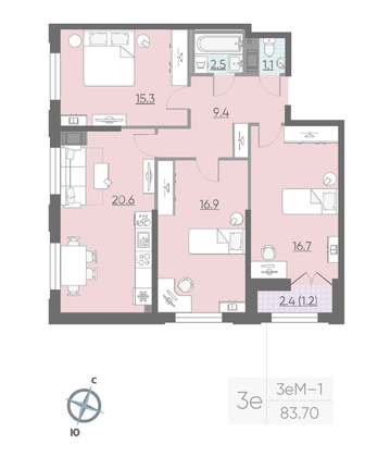 Продажа 3-комнатной квартиры 83,7 м², 16/23 этаж
