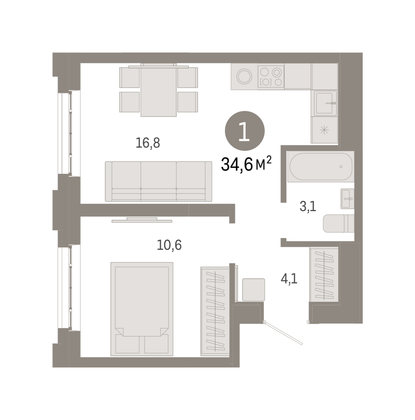 Продажа 1-комнатной квартиры 34,6 м², 3/31 этаж