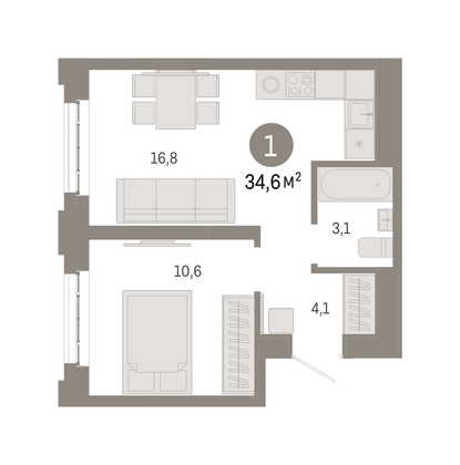 34,6 м², 1-комн. квартира, 3/31 этаж