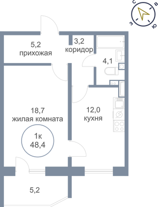 48,4 м², 1-комн. квартира, 11/17 этаж