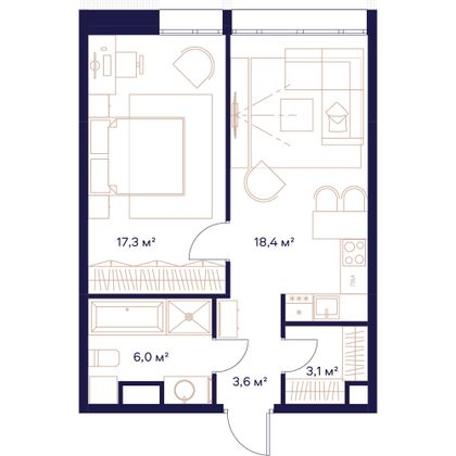 48,4 м², 1-комн. квартира, 2/23 этаж