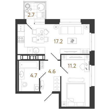 37,7 м², 1-комн. квартира, 8/14 этаж