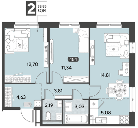 Продажа 3-комнатной квартиры 57,6 м², 10/21 этаж