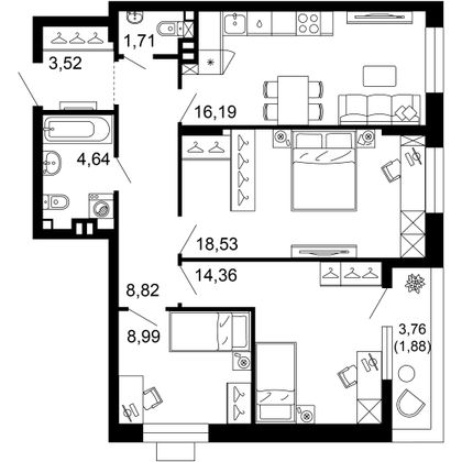 78,6 м², 3-комн. квартира, 1/10 этаж