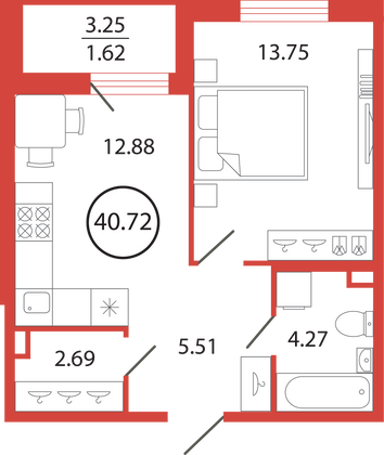 Продажа 1-комнатной квартиры 40,7 м², 12/12 этаж