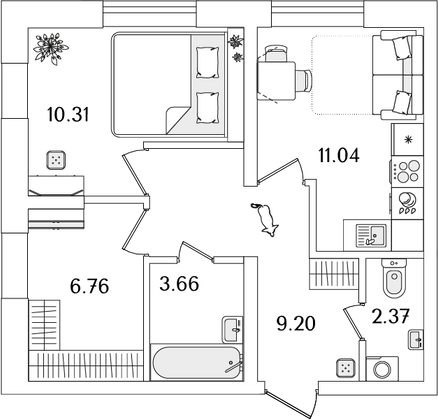 43,3 м², 1-комн. квартира, 1/23 этаж