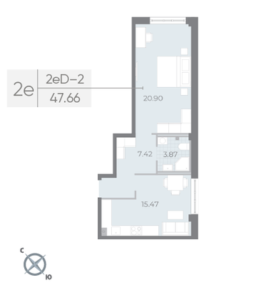 Продажа 1-комнатной квартиры 47,7 м², 2/8 этаж