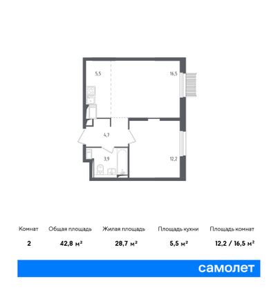 42,8 м², 1-комн. квартира, 17/17 этаж