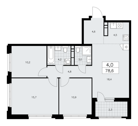 78,6 м², 4-комн. квартира, 11/16 этаж