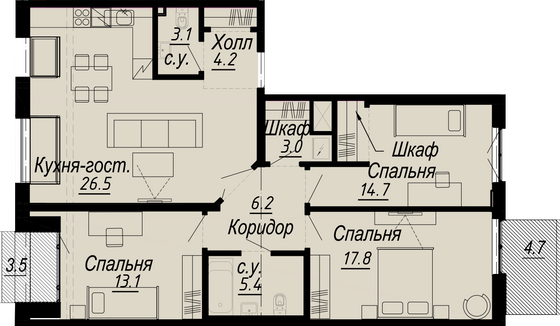 96,5 м², 3-комн. квартира, 7/8 этаж