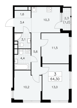 64,3 м², 3-комн. квартира, 24/30 этаж