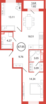 67,9 м², 2-комн. квартира, 4/12 этаж