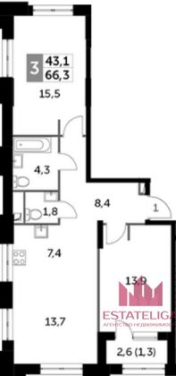 Продажа 2-комнатной квартиры 66,3 м², 6/23 этаж