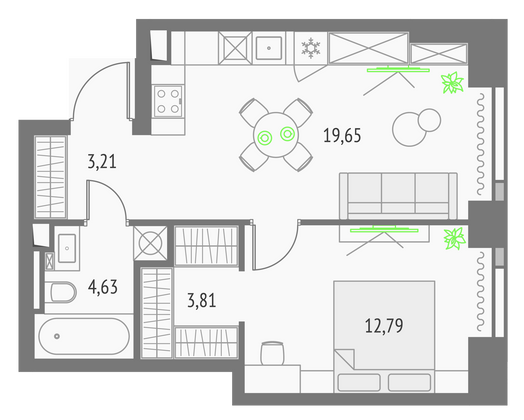 44,1 м², 1-комн. квартира, 27/57 этаж