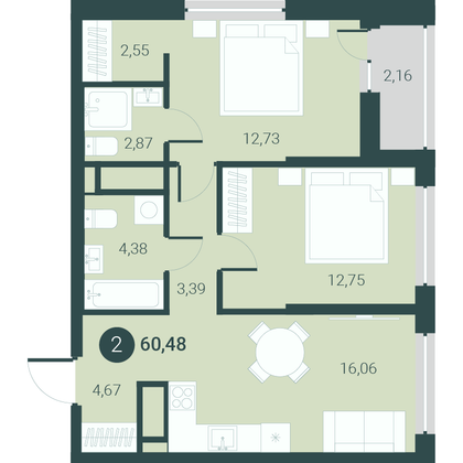 60,5 м², 2-комн. квартира, 11/14 этаж