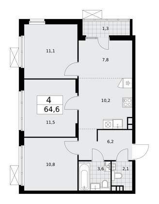 64,6 м², 4-комн. квартира, 3/16 этаж