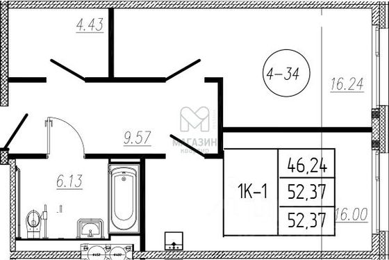 Продажа 1-комнатной квартиры 52,4 м², 4/17 этаж