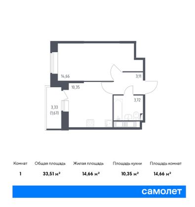 33,5 м², 1-комн. квартира, 9/11 этаж