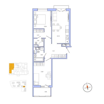 58,4 м², 2-комн. квартира, 6/9 этаж