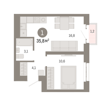 35,8 м², 1-комн. квартира, 12/31 этаж