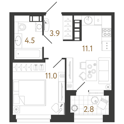 30,5 м², 1-комн. квартира, 8/14 этаж