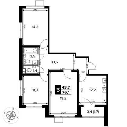 76,1 м², 3-комн. квартира, 21/21 этаж