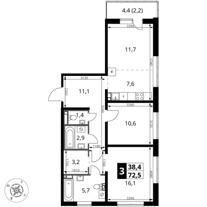 72,5 м², 3-комн. квартира, 2/24 этаж