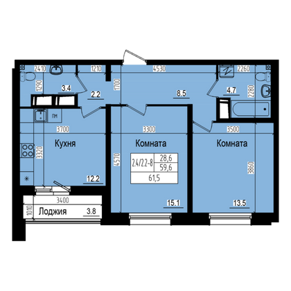 61,5 м², 2-комн. квартира, 6/23 этаж