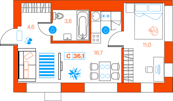 36,1 м², 1-комн. квартира, 14/21 этаж