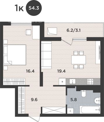Продажа 1-комнатной квартиры 54,3 м², 3/10 этаж