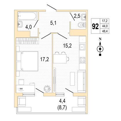 Продажа 1-комнатной квартиры 48,1 м², 8/8 этаж