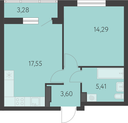 42,3 м², 1-комн. квартира, 26 этаж