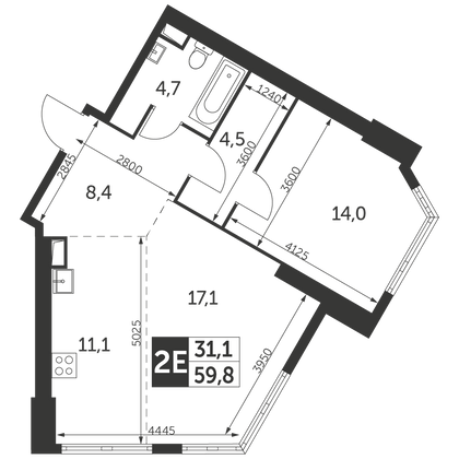 59,8 м², 2-комн. квартира, 2/47 этаж