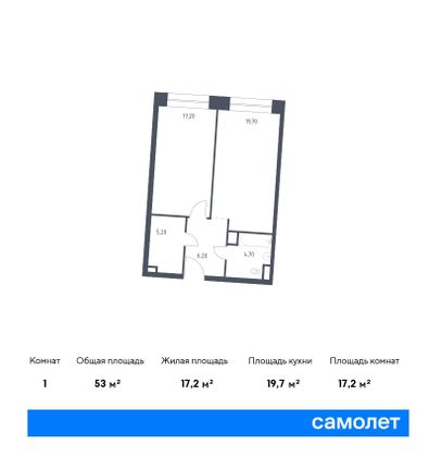 53 м², 1-комн. квартира, 10/10 этаж