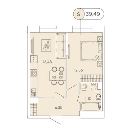 39,5 м², 1-комн. квартира, 1/12 этаж