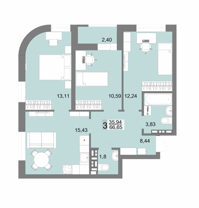 Продажа 3-комнатной квартиры 66,7 м², 9/23 этаж